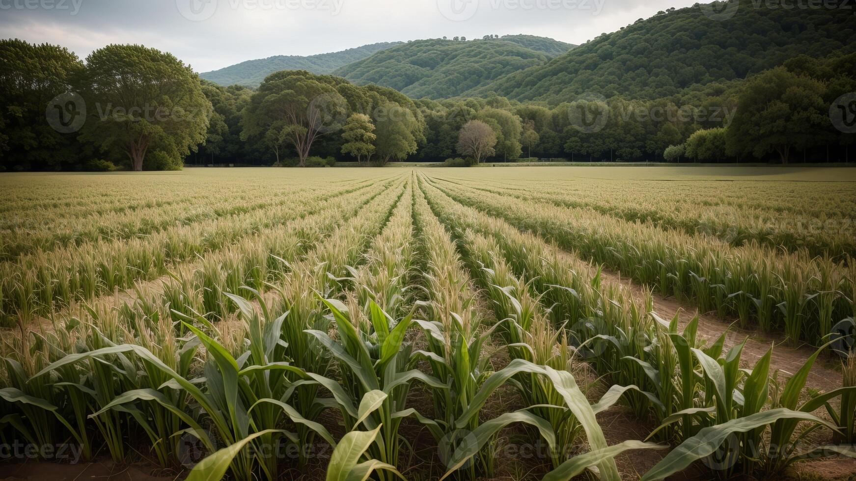 green columns of made corn on a private agrarian field. photo
