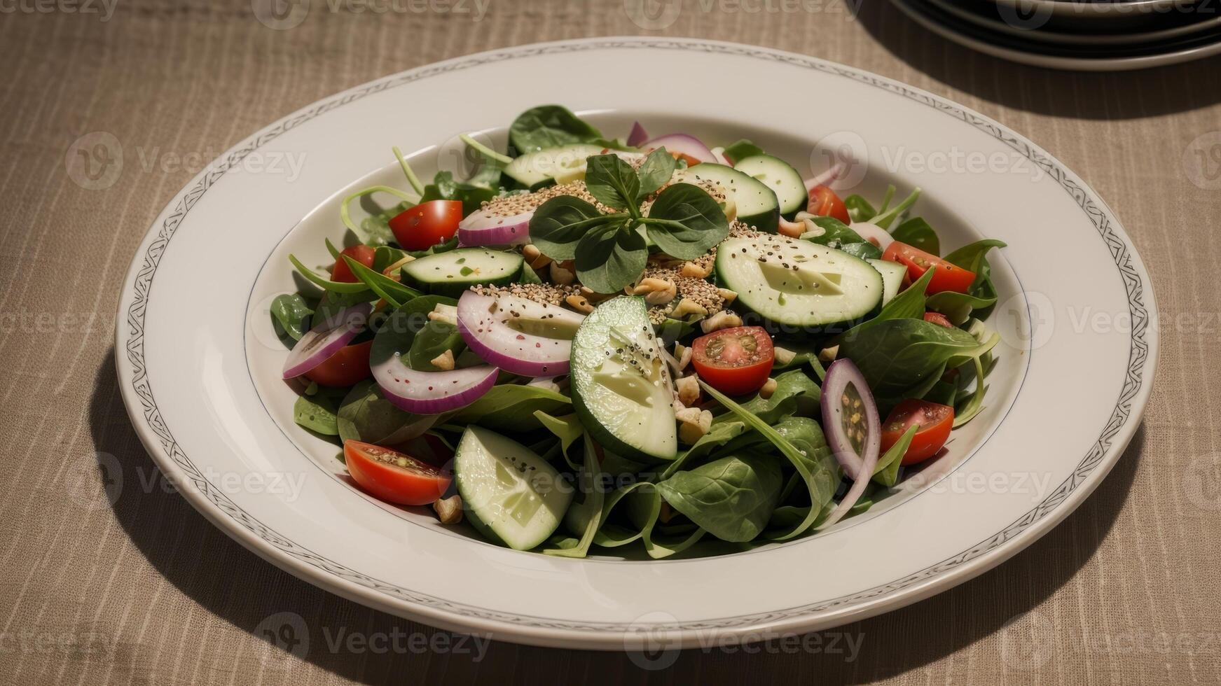 goodly vegetable salad of bracing tomato , cucumber , onion , spinach , lettuce and sesame on plate . Diet menu . exceed condition. Creative resource, photo