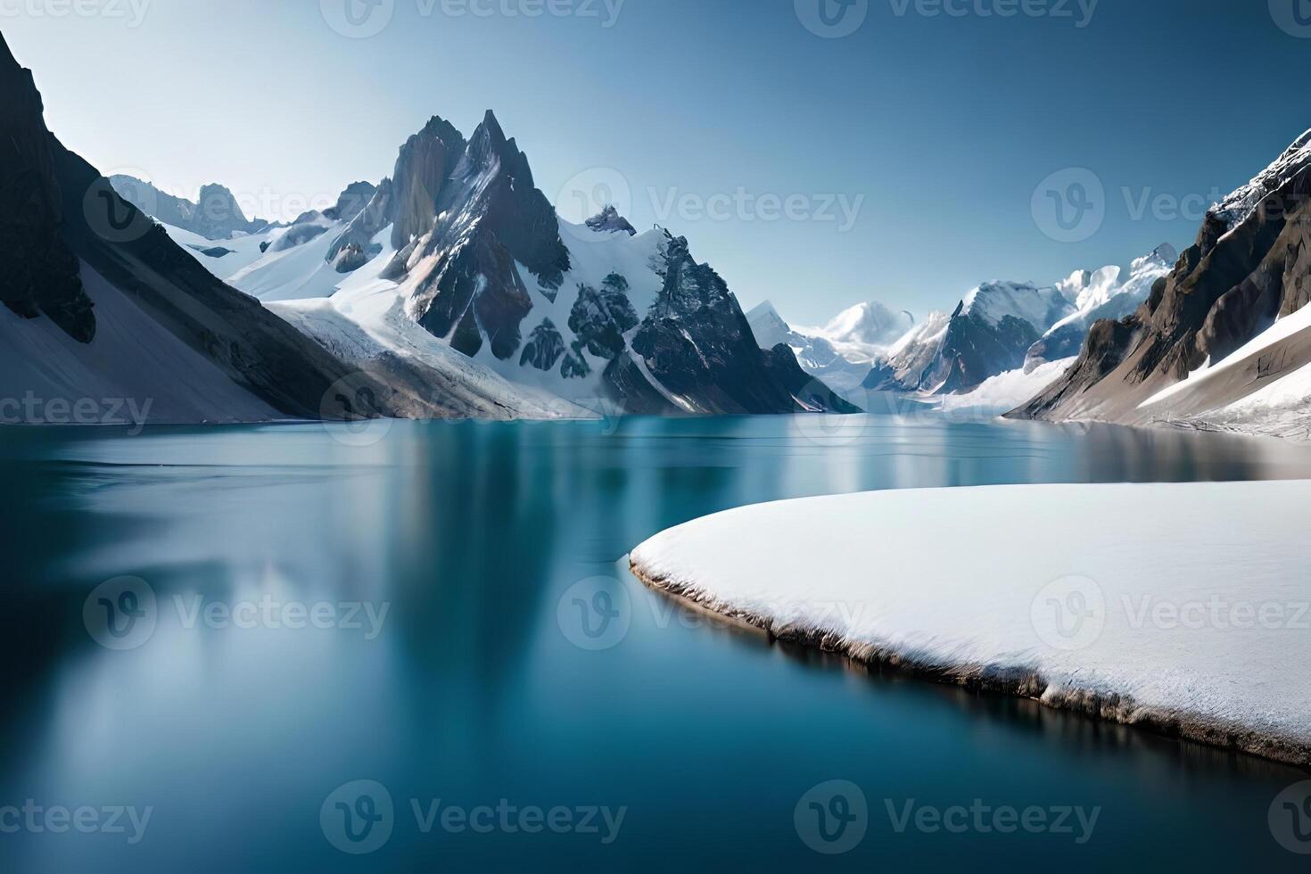 A idealize snow capped lake settled internal parts the center of towering ice sheets and snow capped crests. photo