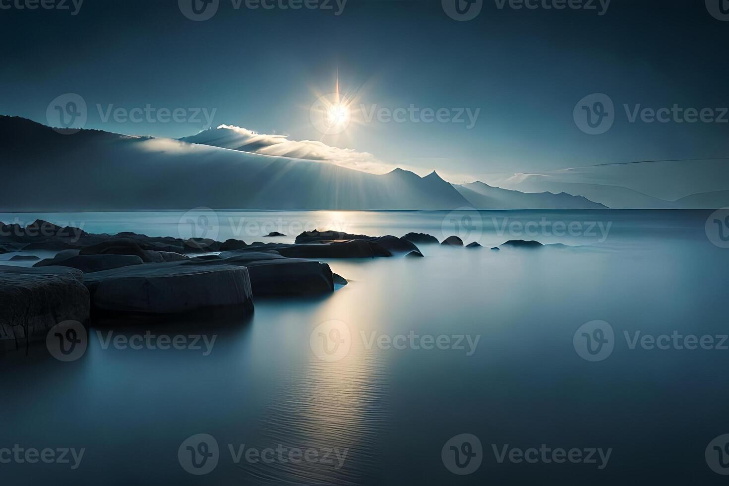 The peaceful and enchanted scene of moonlight reflecting on tender sea waves. photo