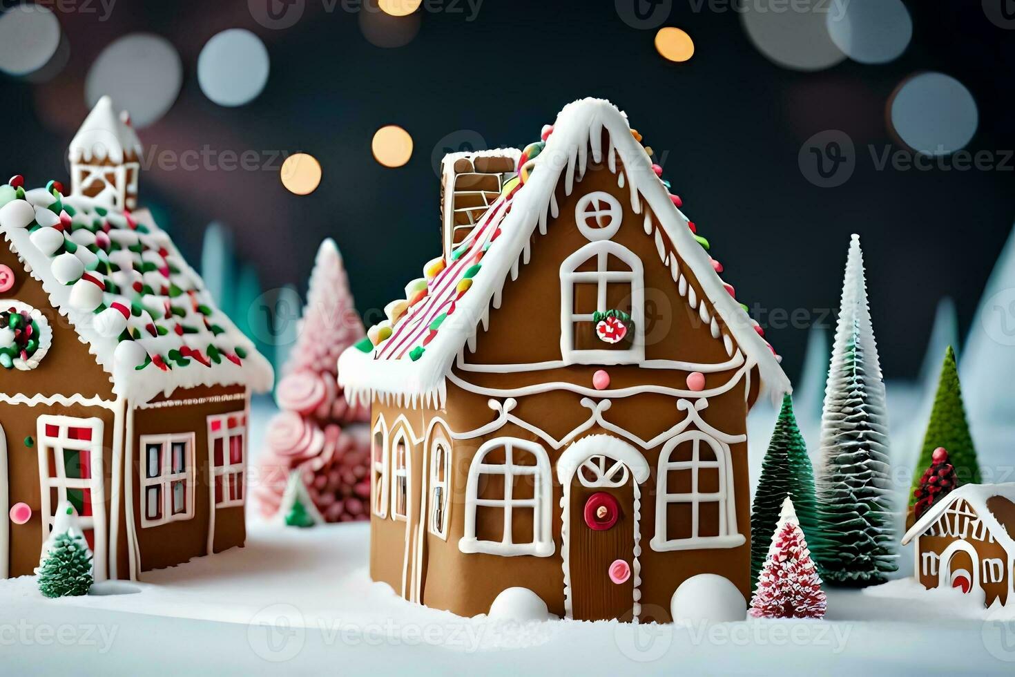 Make a unusual town made completely of gingerbread, incorporate to with icing housetops and sweet highlights. Ai Generated photo