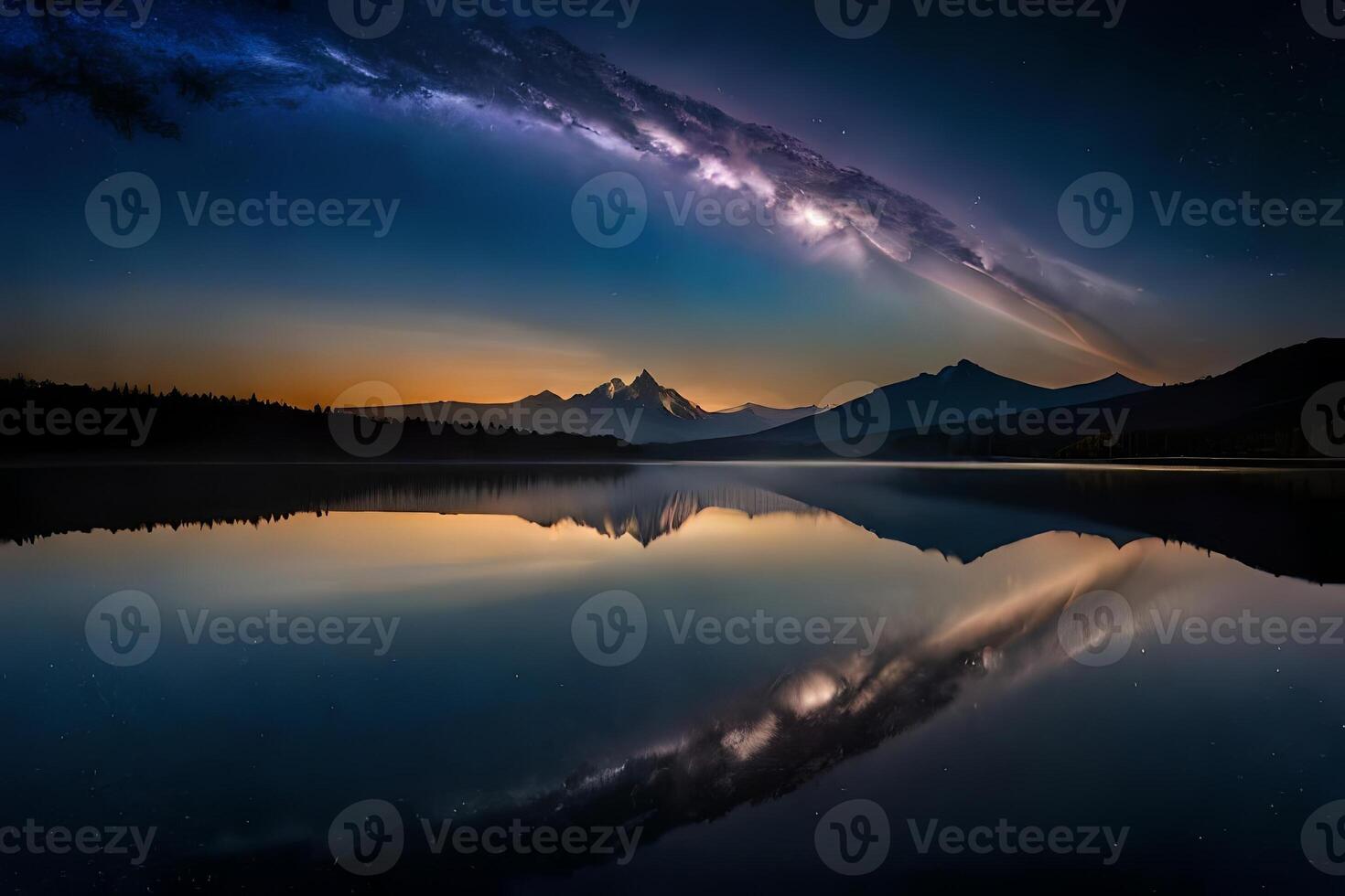 A mesmerizing night sky over a calm lake, reflecting the stars and the Smooth Way. photo