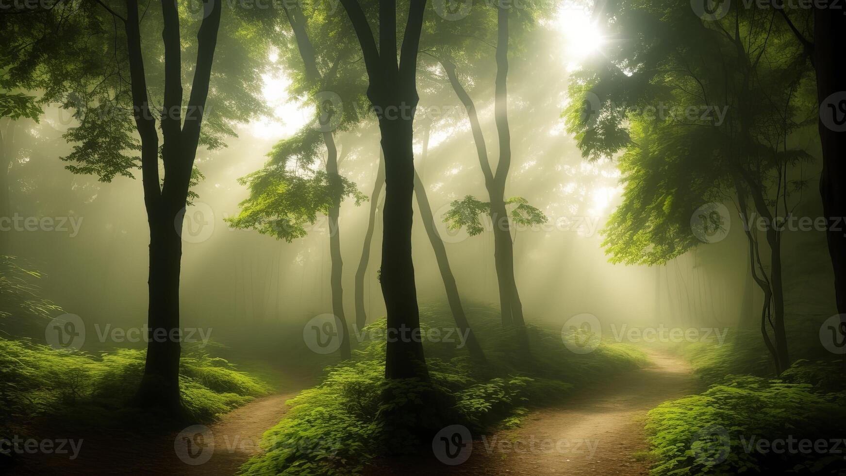 Well off Timberland Canopy. Make an picture of a thick, flooding timberland with daylight sifting through the clears out. photo