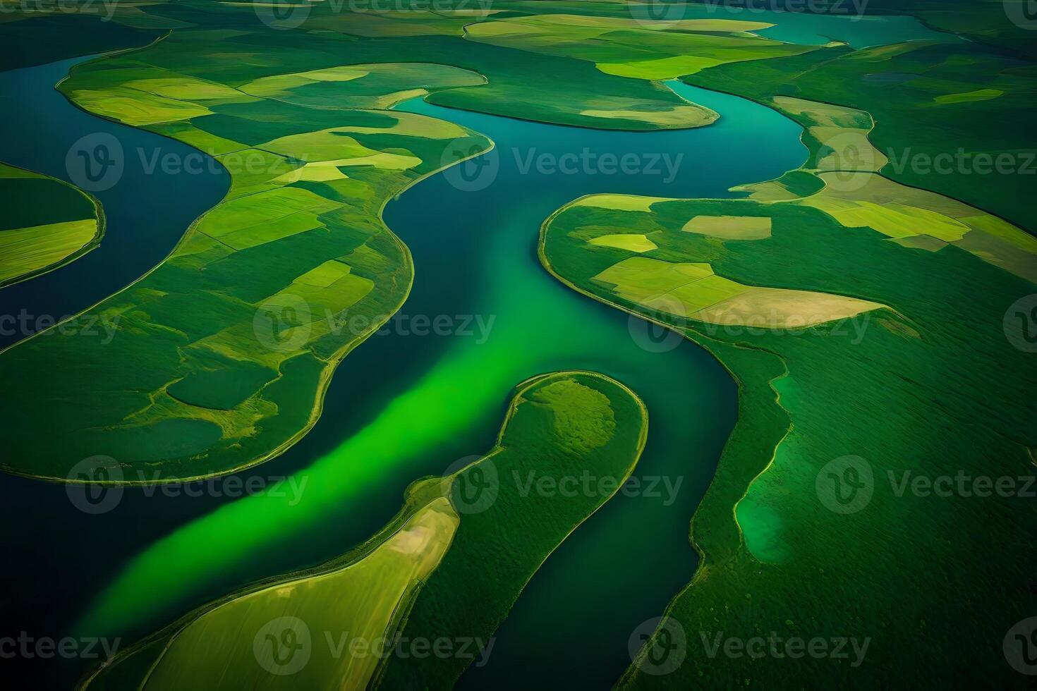 The picture shows a river dividing into smaller parts, with various shades of green and blue around it, as seen from above.. Creative resource, photo