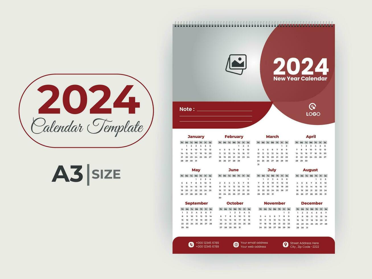 2024 New Year Wall Calendar Template vector