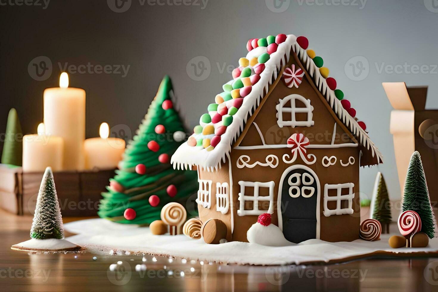 Make a unordinary town made totally of gingerbread, cement to with icing housetops and sweet highlights. Creative resource, AI Generated photo