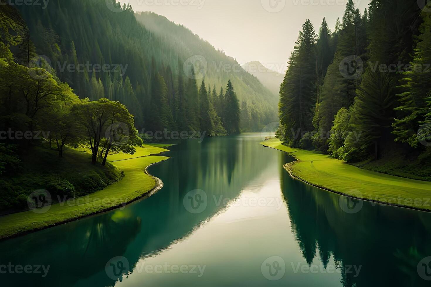 A peaceful stream delicately bending through a green scene dabbed with trees. photo