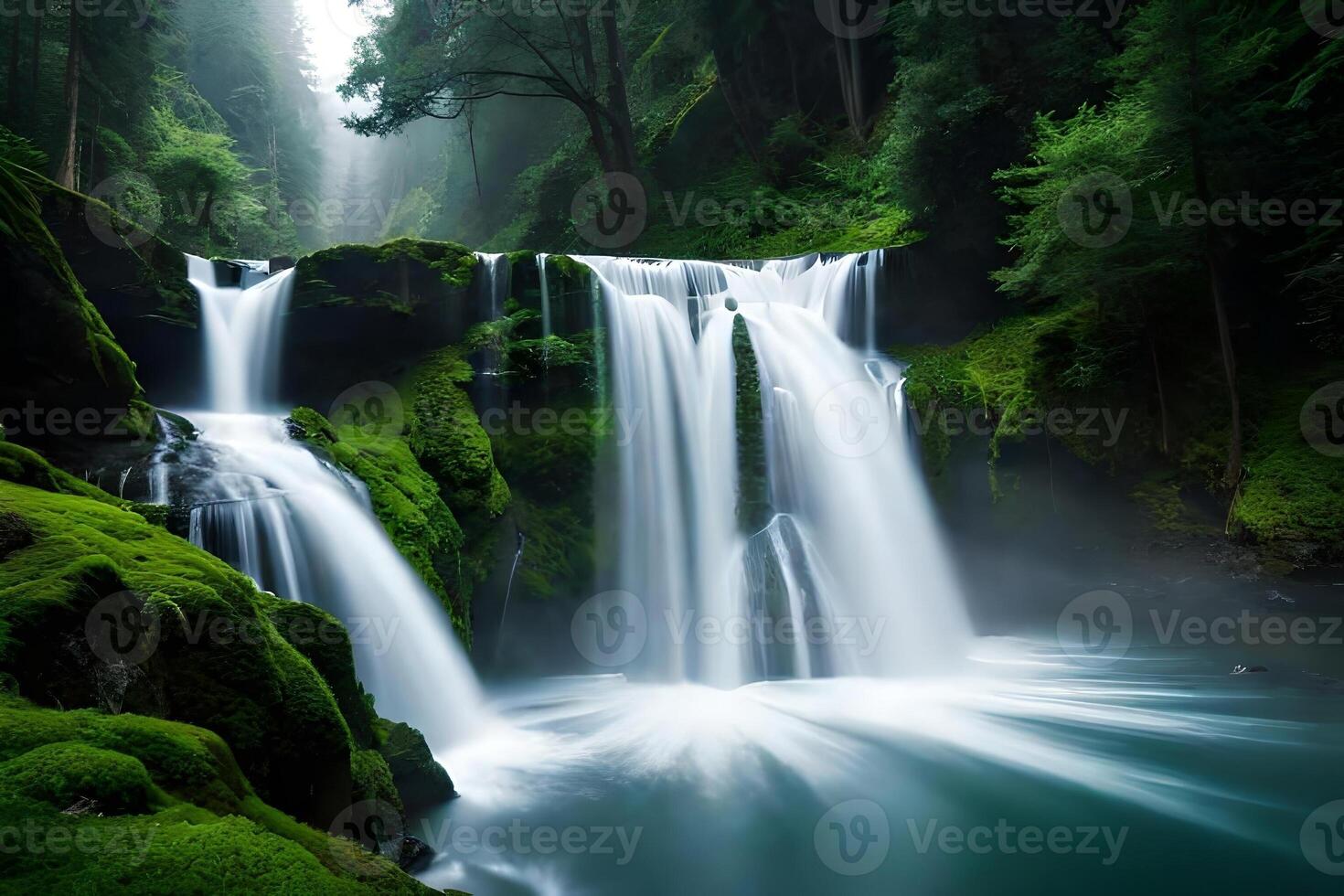 A imperial waterfall surrounded by alcoholic greenery and iniquity , showcasing the baron and collision of nature. Creative resource, photo