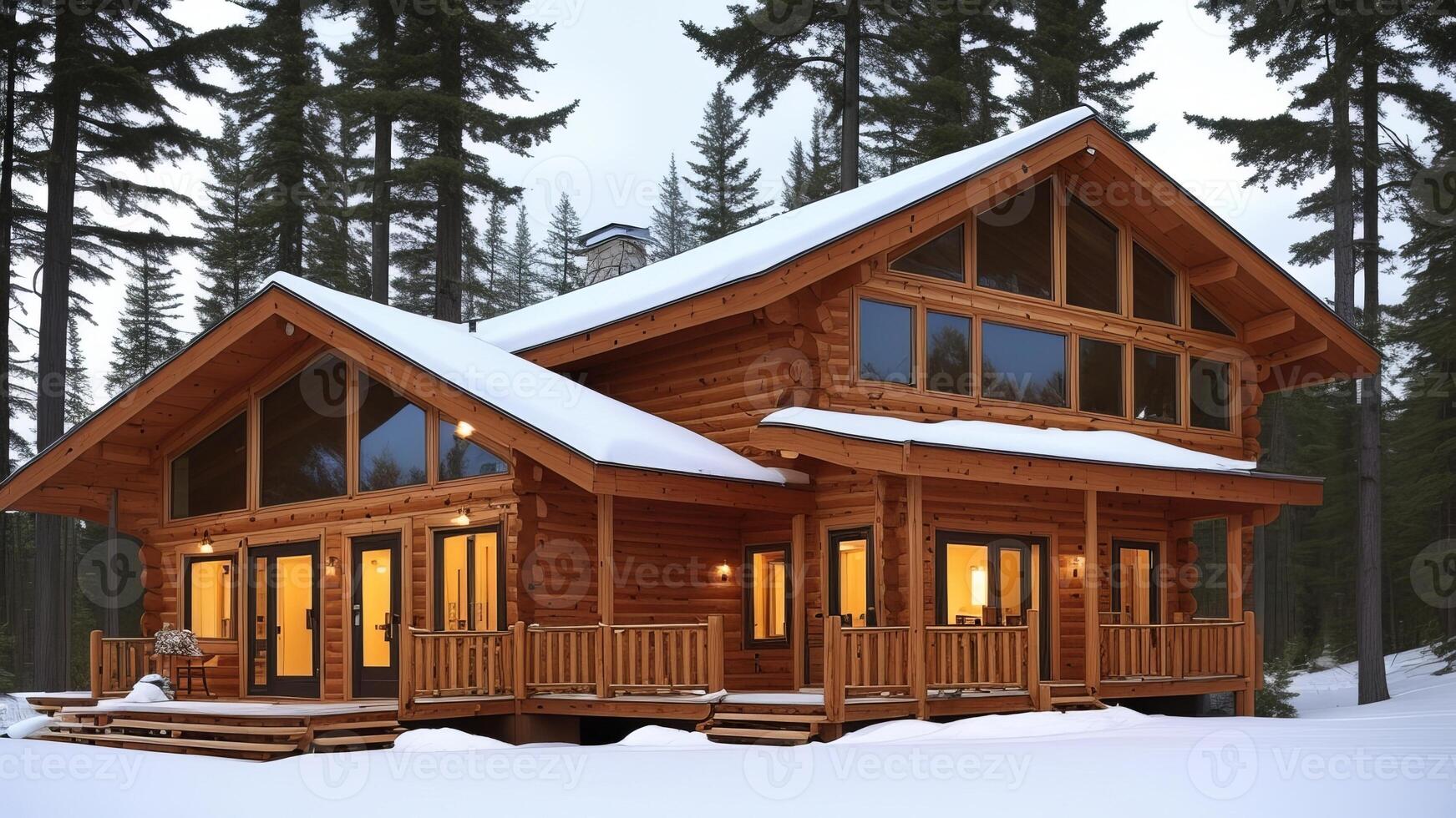 Cozy Cabin Withdraw. Plan a pleasant cabin settled in the midst of blanketed mountains. photo