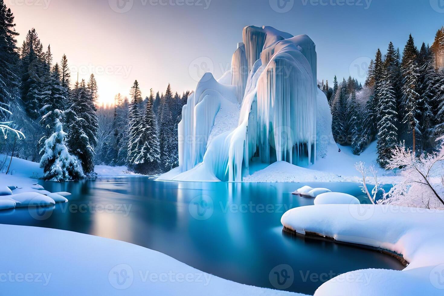 A cemented waterfall taking after a imperative stone shape in a winter wonderland. photo