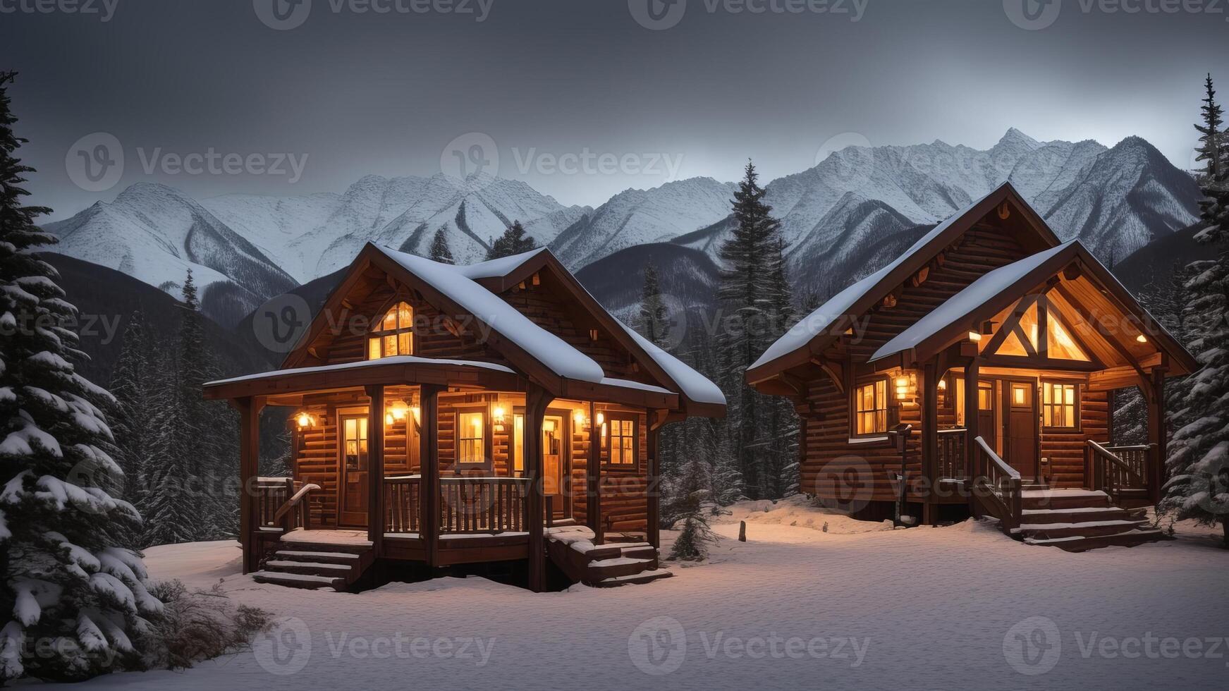Cozy Cabin Drag back. Energize a brilliant cabin settled internal parts the center of secured mountains. photo