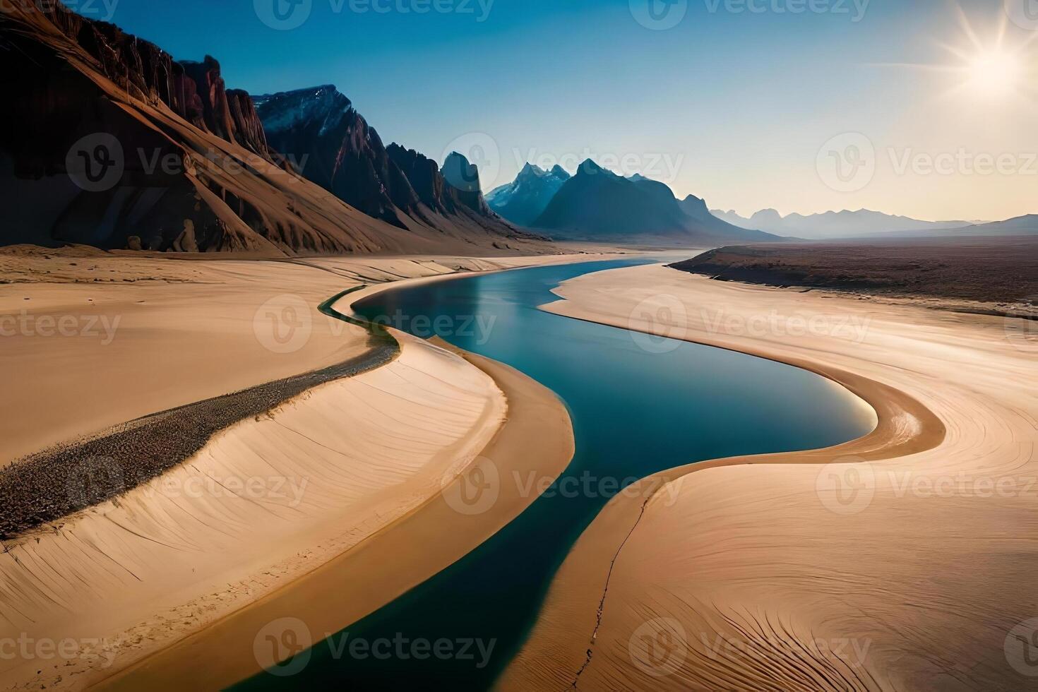 An forward die horizon of a odorize river Hydra through a huge vacate landscape. Creative resource, photo