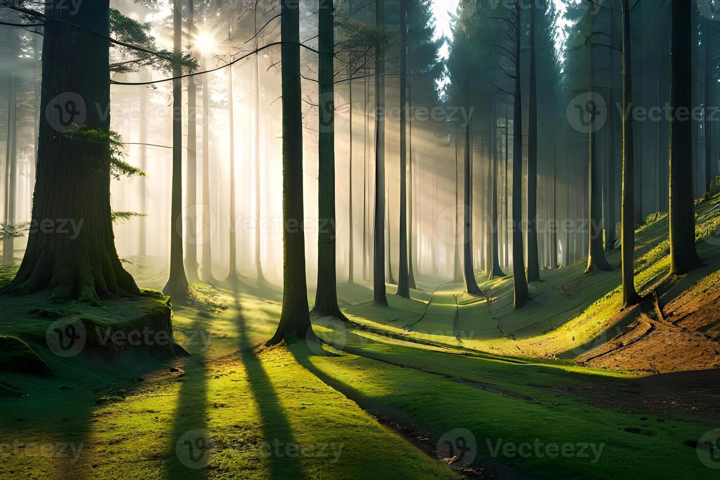 A calm morning see of a foggy timberland with bars of sunshine entering through the trees. photo