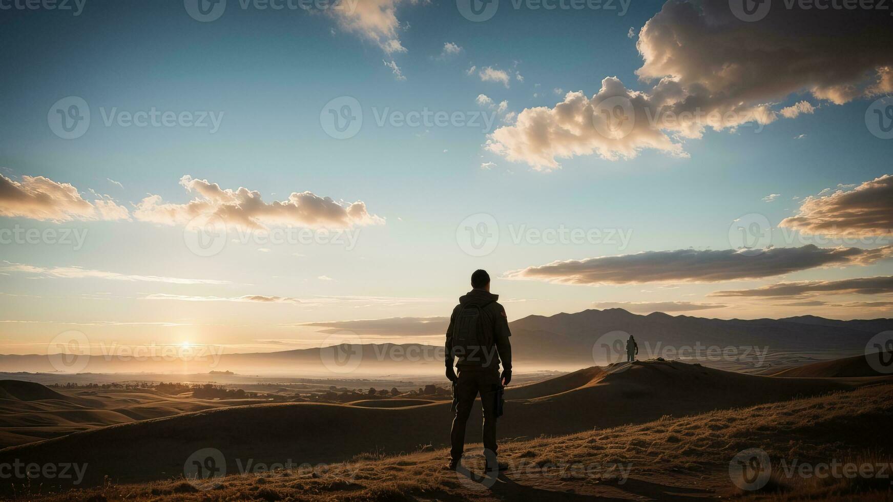 Outline of a man standing on beat of a slope beneath a wonderful excellent sky within the morning. AI Generated photo