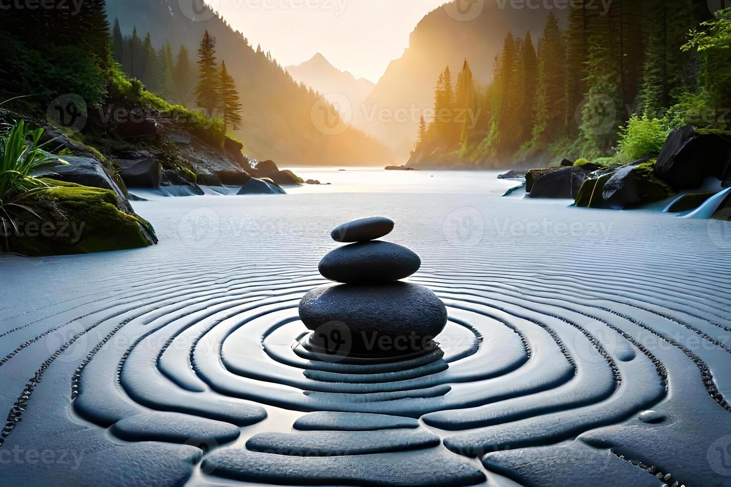 A equable Zen garden with carefully placed Rock , spur determine , and a passive spokesperson urine have. Creative resource, photo