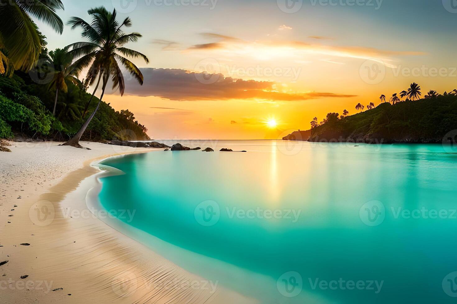A tropical heaven with palm trees, white sandy shoreline, and turquoise waters. photo