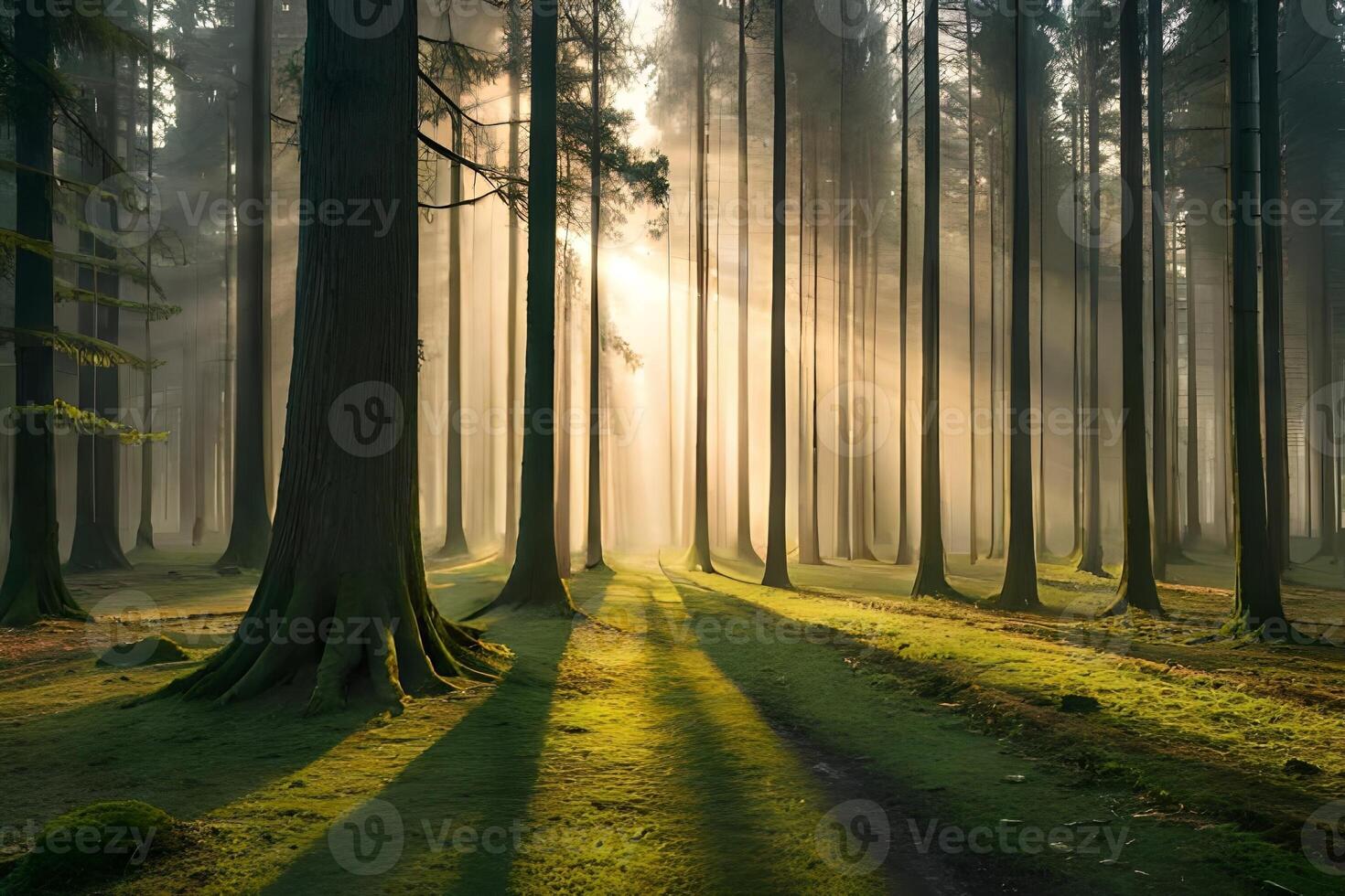 A calm morning see of a foggy timberland with bars of daylight entering through the trees. photo