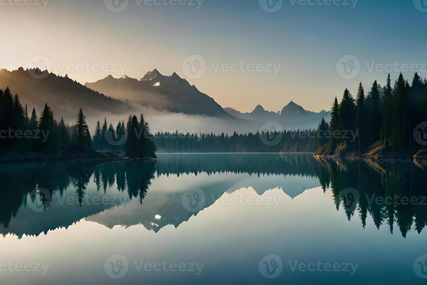 A cloudiness secured mountain lake with evergreen trees reflected on its sparkly surface. photo
