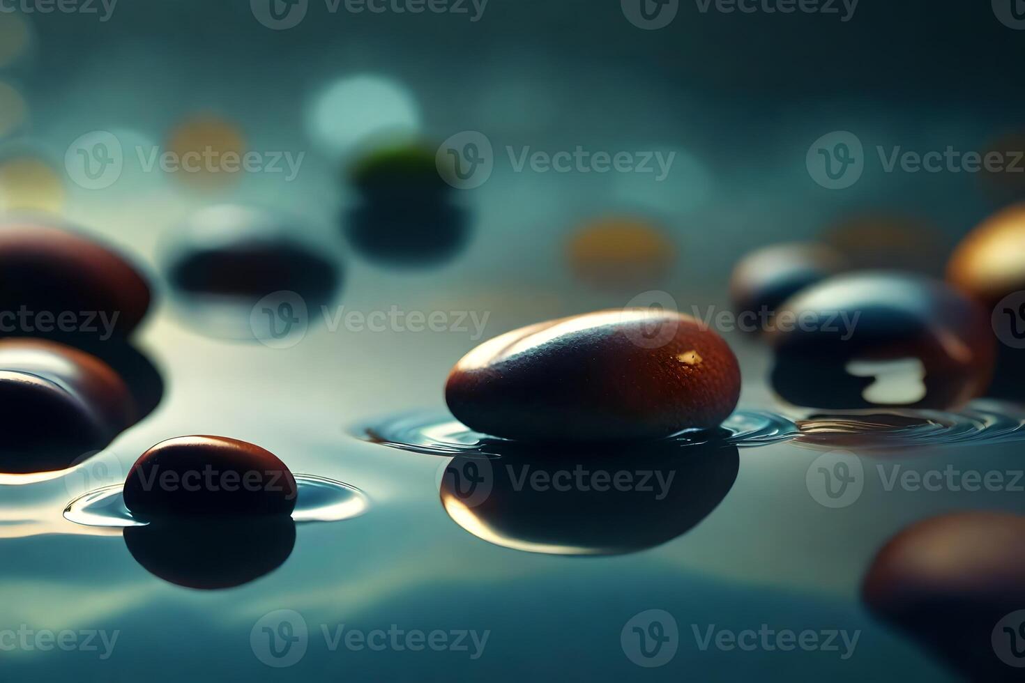 Stones on water gigantic scale, lively in studio light. Strange reflections weave an charming story. Creative resource, photo