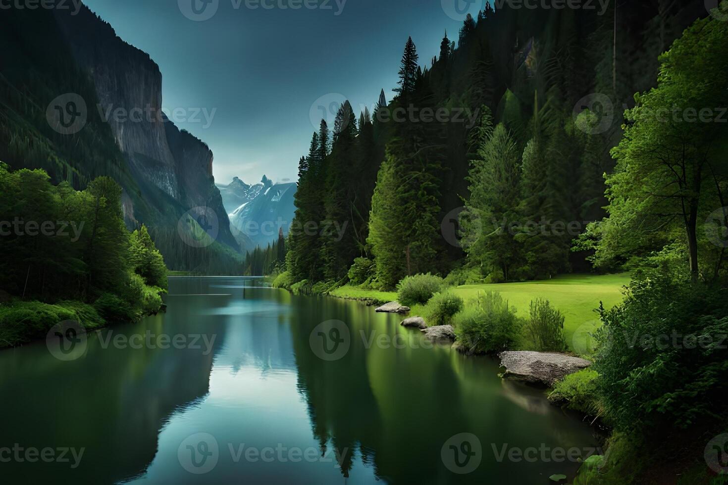 A calm stream delicately winding through a lavish green scene with overhanging trees. Creative resource, photo