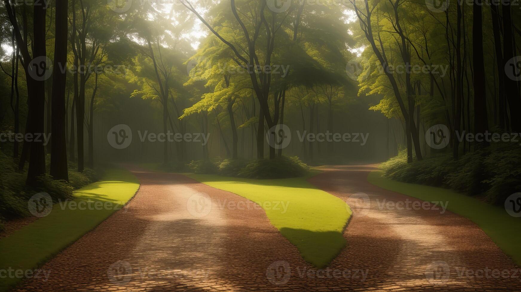 winding timberland pathway, dappled with sunshine and included by over the beat greenery. photo