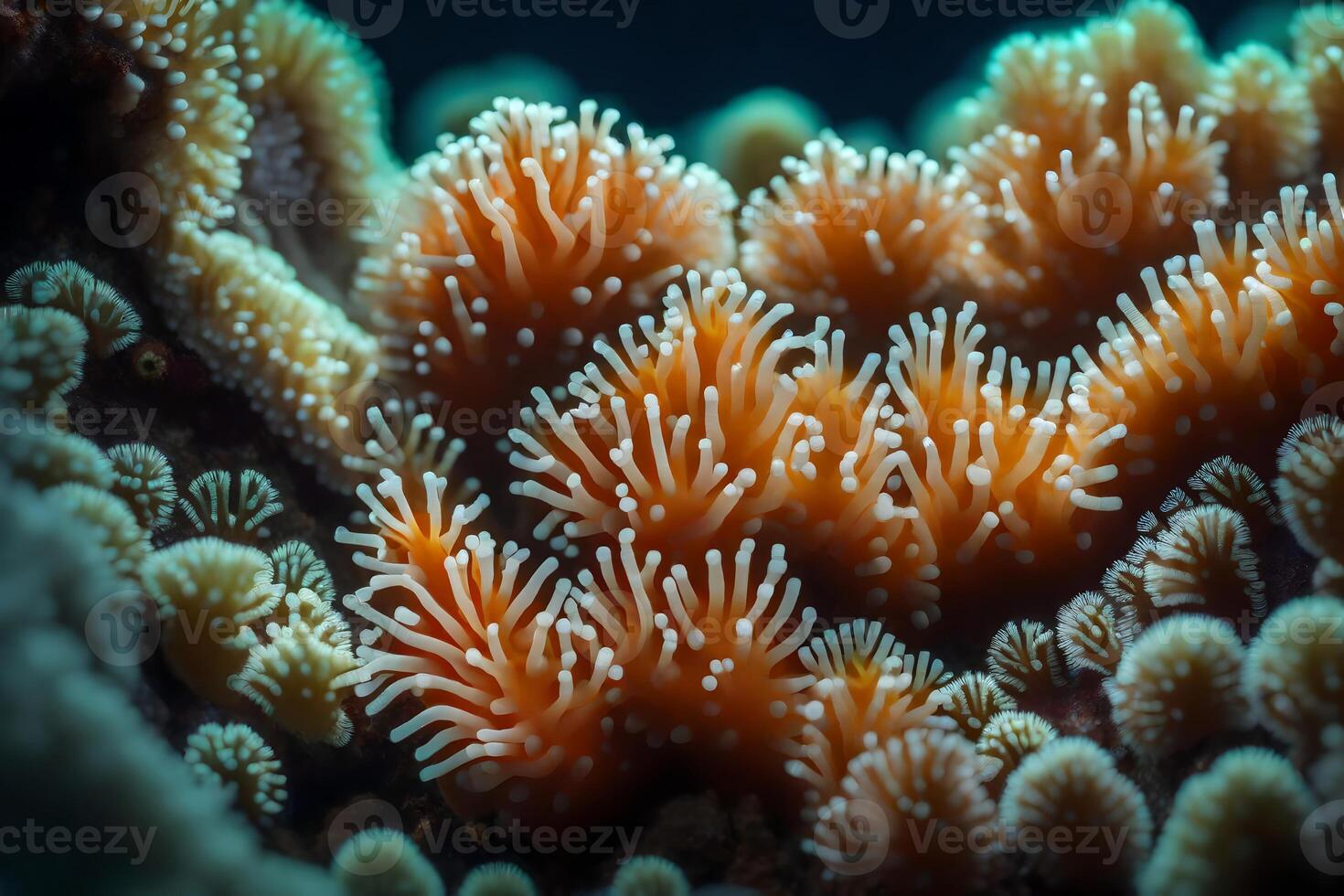 un detallado imagen de coral pólipos, demostración cómo ellos crear submarino ciudades.. creativo recurso, ai generado foto