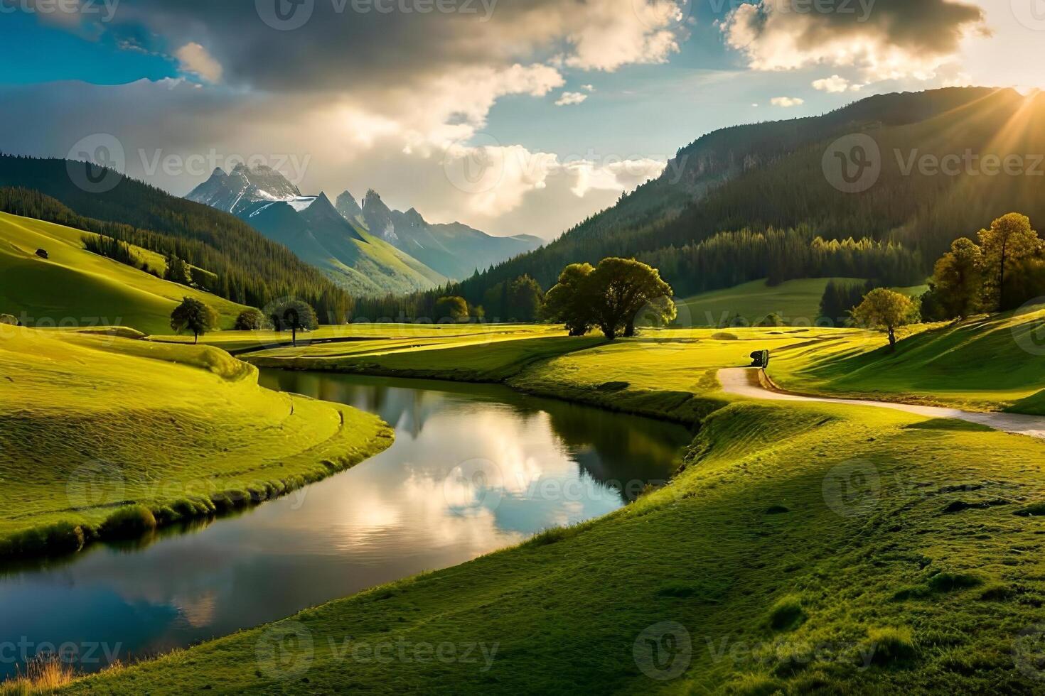 A picturesque countryside landscape with a wind river , lush Green hayfield , and a capture farmhouse. Creative resource, photo