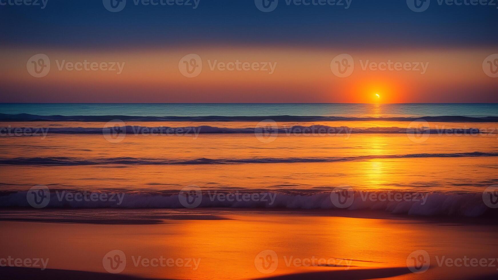 Serene Shoreline Nightfall. Make a calm and staggering shoreline scene with a colorful nightfall