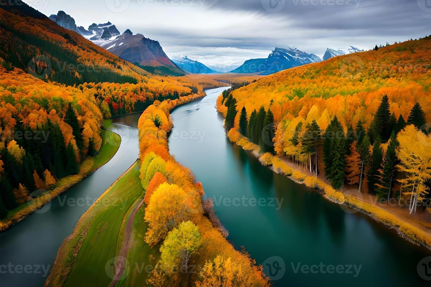 A stun forward pass view of a fart river cutting through a vibrant fall forest. Creative resource, photo