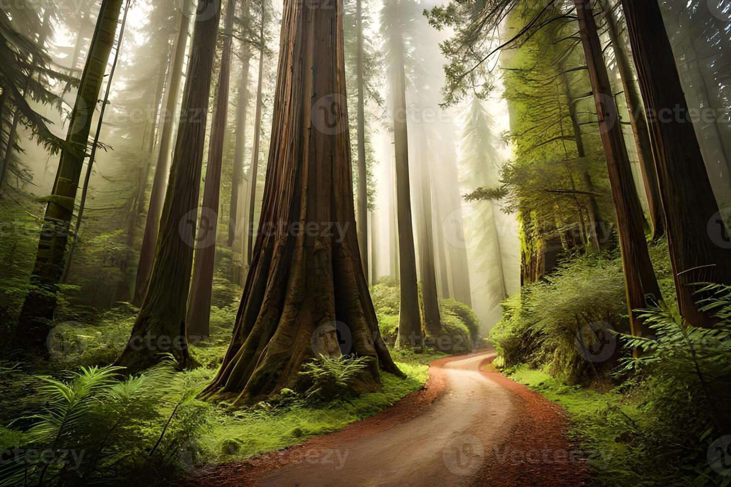 Towering old redwood trees shaping a canopy in a magnificent woodland setting. photo