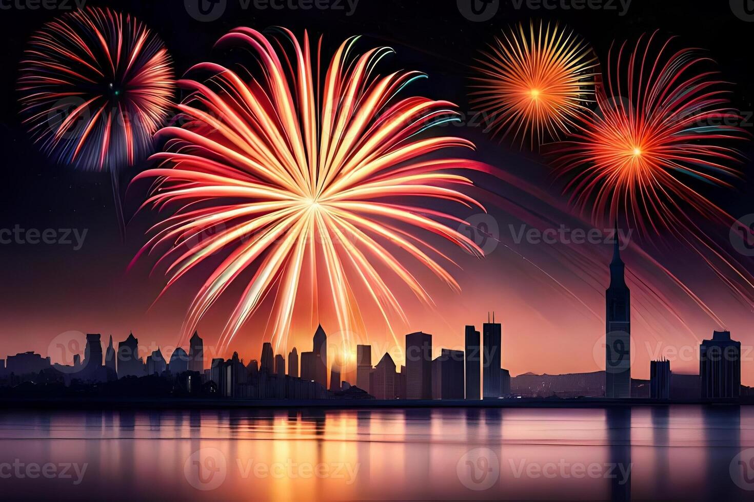 Outline a breathtaking show of firecrackers lighting the sky as the clock strikes midnight. photo