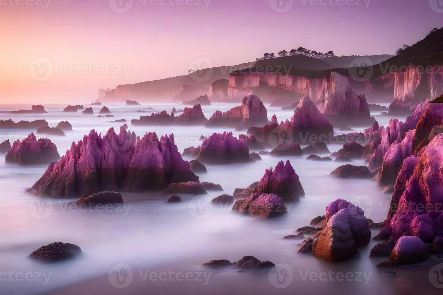 In the morning, there are pretty pink and purple rocks near the water's edge.. Creative resource, photo