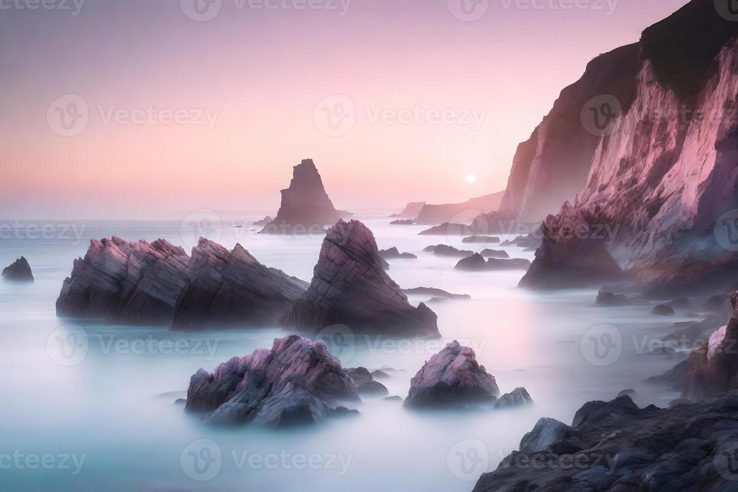 In the morning, the cliffs by the coast have light blue and pale pink colors on them.. Creative resource, photo