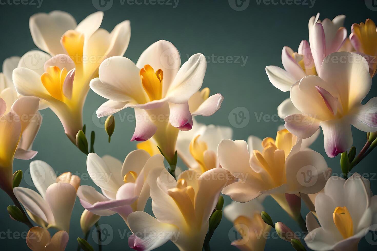 Pretty freesias, which are a special way to show appreciation for Mother's Day, have been captured in gentle and romantic studio lighting.. Creative resource, photo