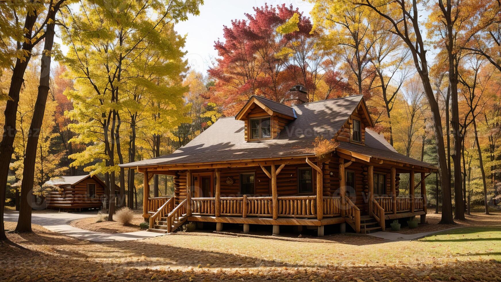 common cabin settled inner parts the center of tall trees and included by a carpet of collect time takes off. photo