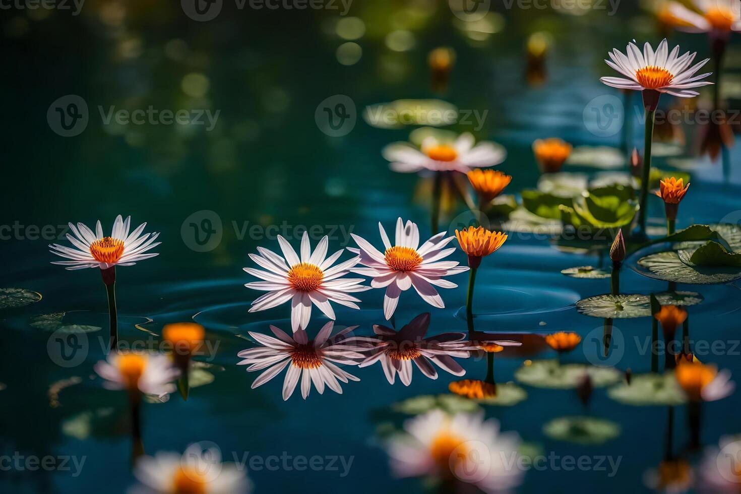 Blooms on water large scale captures nature's charm. Sharp subtle elements and fantastic bokeh include enchantment. Creative resource, AI Generated photo