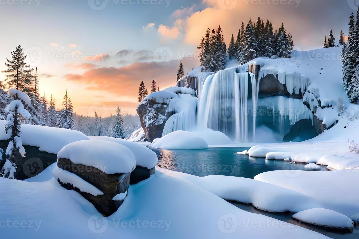A cemented waterfall taking after a basic stone shape in a winter wonderland. photo