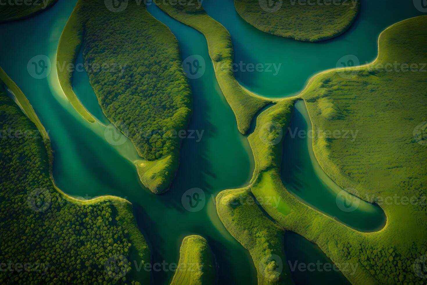 The picture is of a river that splits into smaller sections. It has different shades of green and blue all around it. The picture is taken from a bird's-eye view.. Creative resource, photo