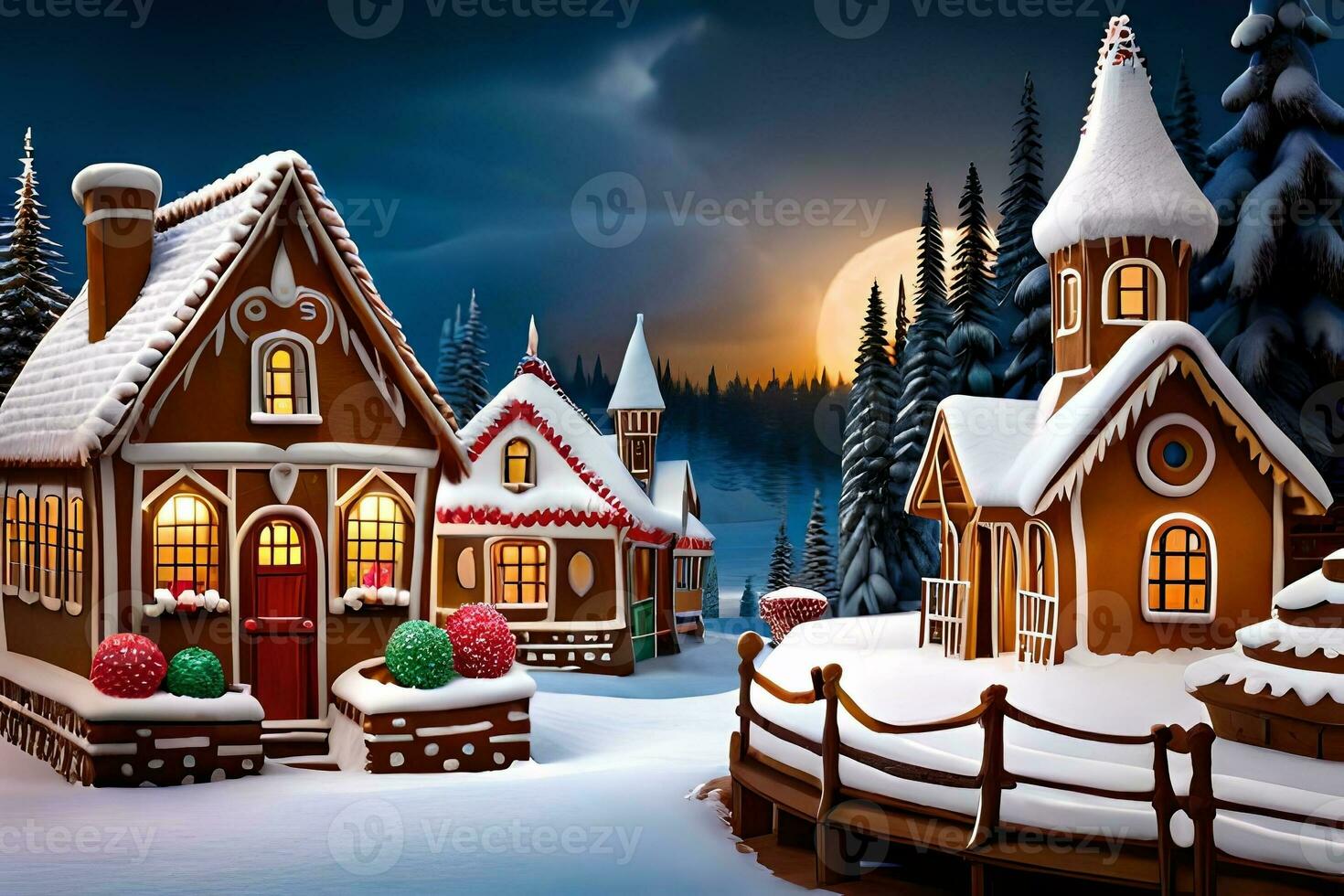 Make a unordinary town made completely of gingerbread, cement to with icing housetops and sweet highlights. Creative resource, AI Generated photo