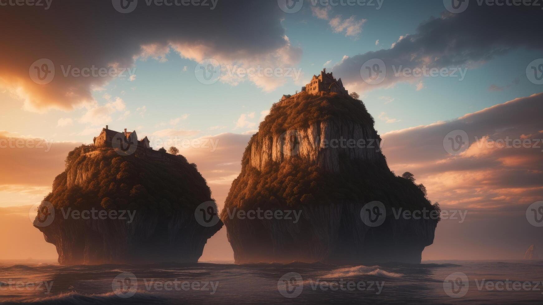 A dreamlike dreamscape with coasting islands and colorful clouds. Creative resource, photo