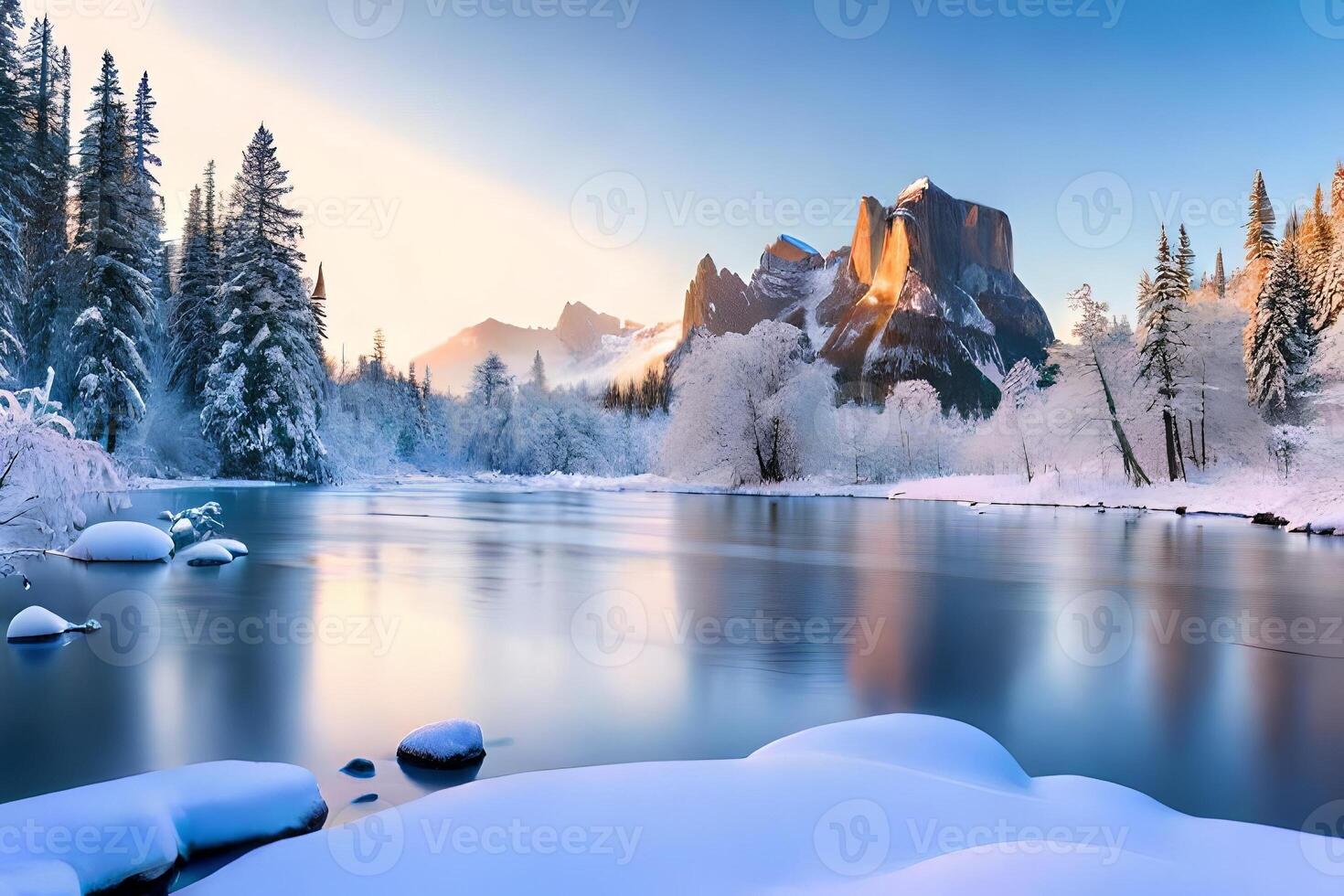 A winter wonderland scene with snow secured trees and a set stream. photo