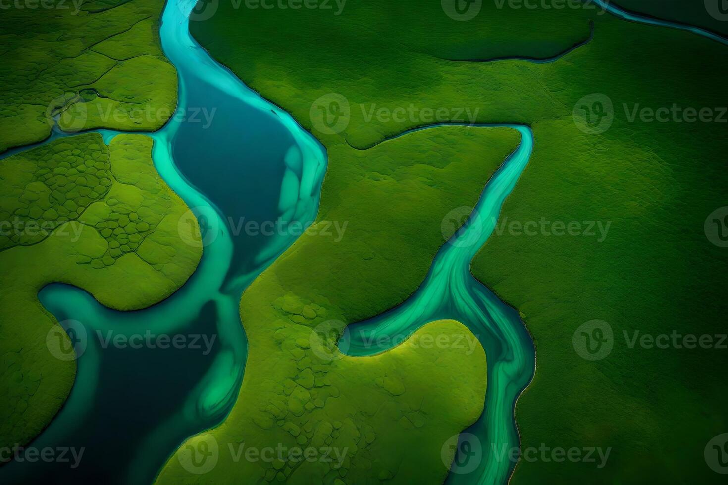 An image taken from above of a river splitting into smaller channels