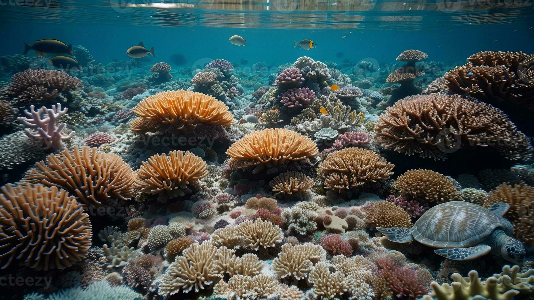 fascinante imagen de un energizado coral arrecife inundación con vistoso punto, tortugas, y otro marina vida. ai generado foto