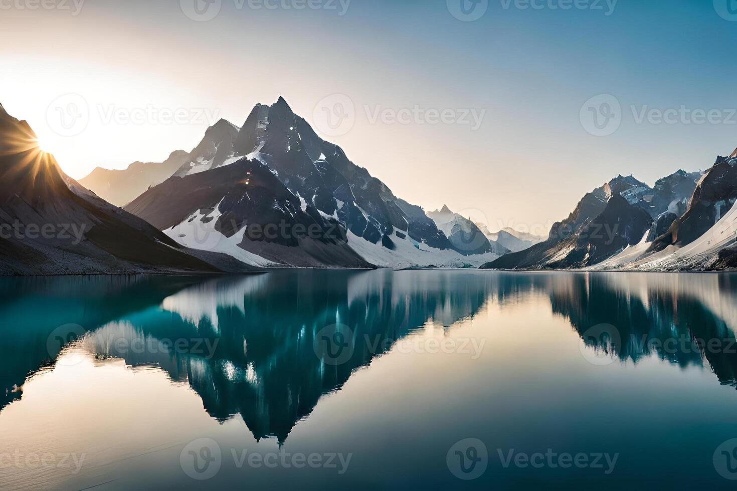 A idealize snow capped lake settled inner parts the center of towering ice sheets and snow capped crests. photo