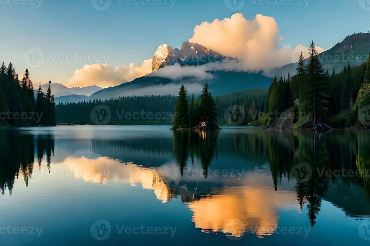 A cloudiness secured mountain lake with evergreen trees reflected on its sparkly surface. photo