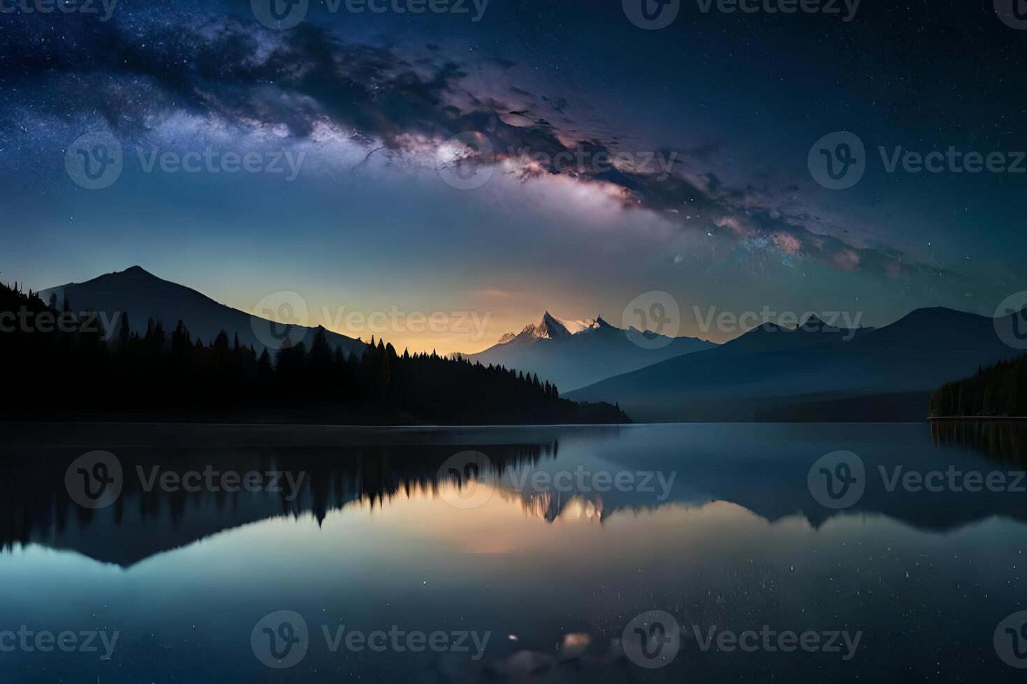 A mesmerizing night sky over a calm lake, reflecting the stars and the Smooth Way. photo
