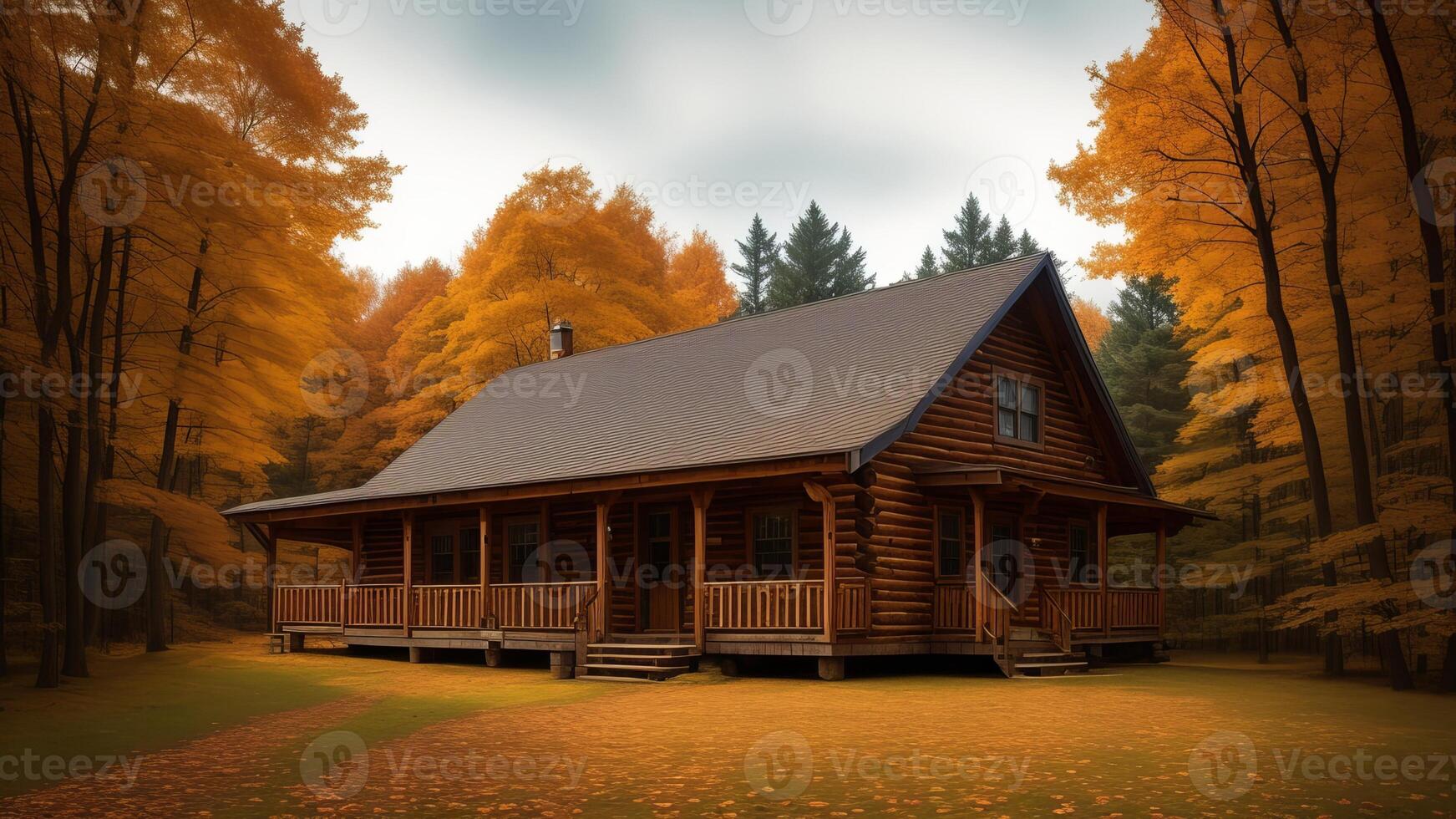 common cabin settled inside the center of tall trees and included by a carpet of collect time takes off. photo