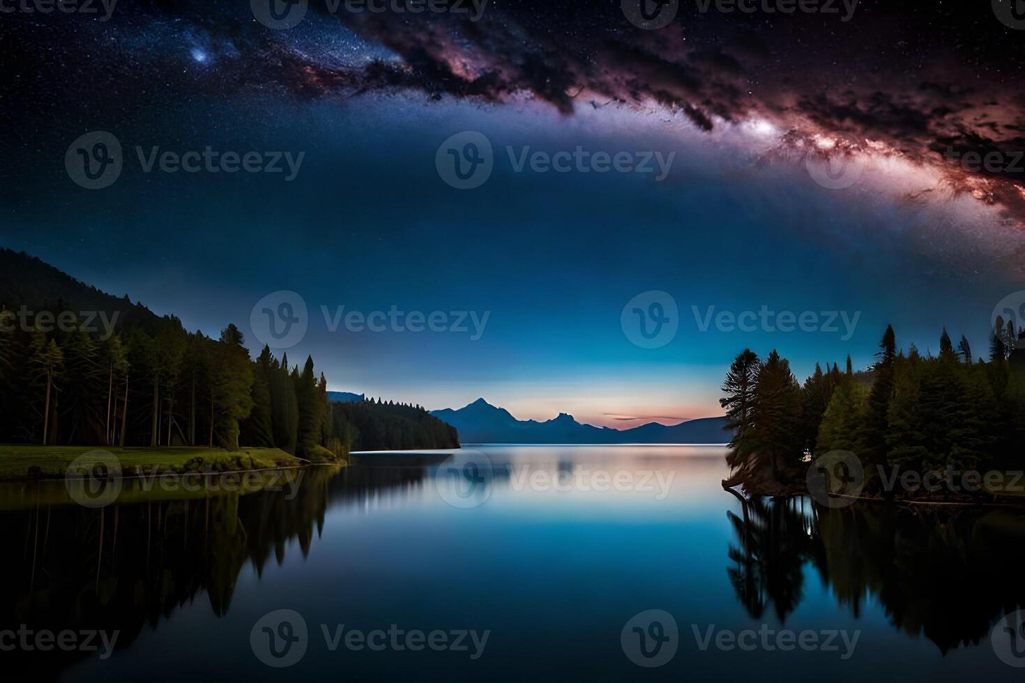 A mesmerizing night sky over a calm lake, reflecting the stars and the Smooth Way. photo