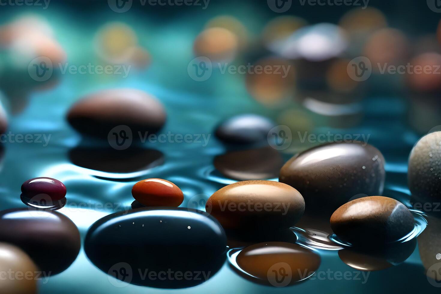 Stones on water huge scale, energetic in studio light. Mysterious reflections weave an charming story. Creative resource, AI Generated photo