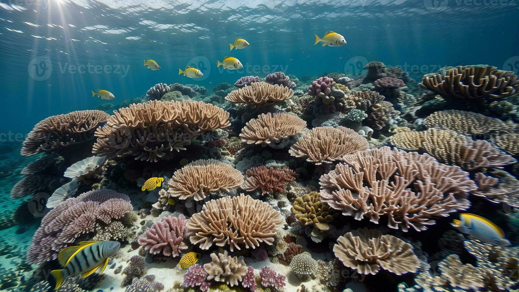 fascinante imagen de un entusiasta coral arrecife inundación con vistoso punto, tortugas, y otro marina vida. ai generado foto